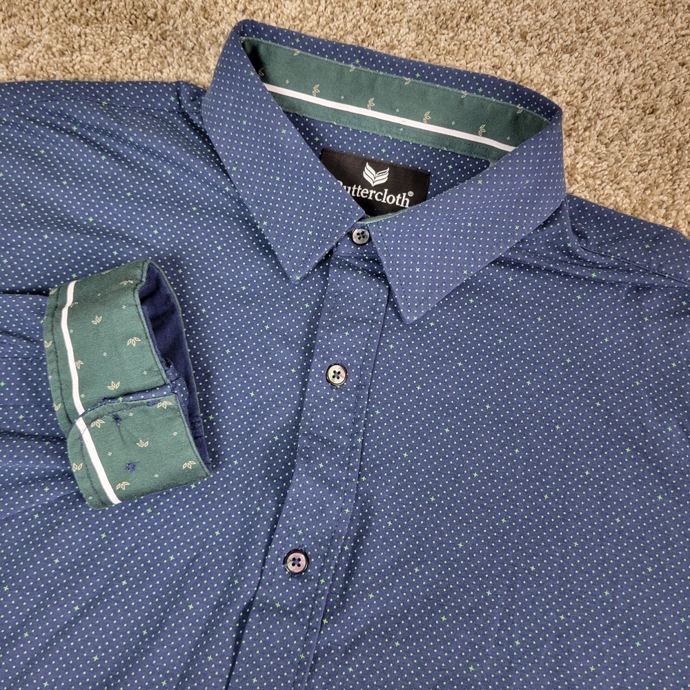 Buttercloth Mens 2XL Blue AOP Dots Performance Button Up‎ Long Sleeve Flip Cuff